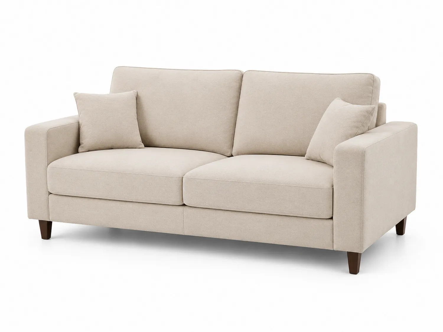 Sofa trzyosobowa beżowa tapicerowana z nóżkami drewnianymi