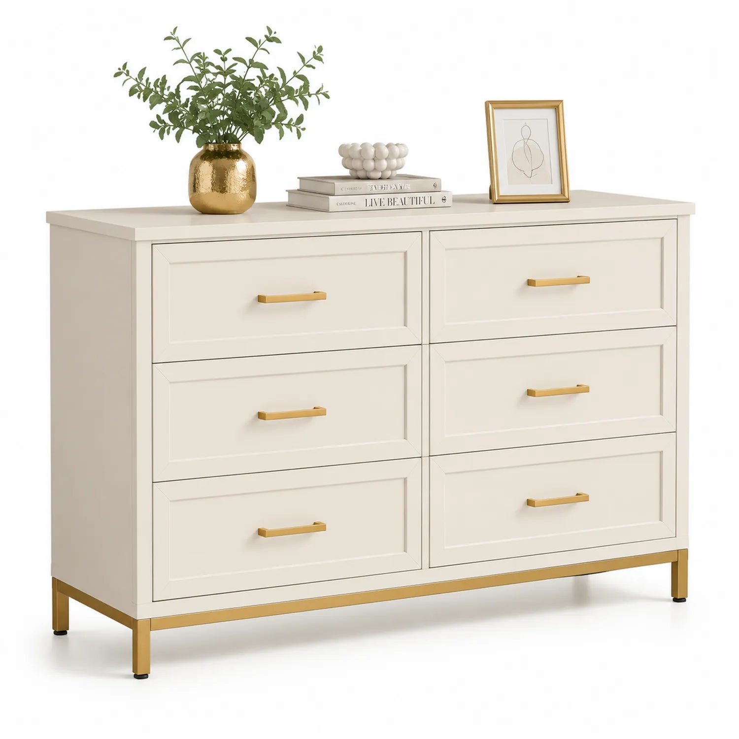 Komoda drewniana MDF kremowa z metalowymi elementami złotymi 120 cm x 80 cm x 40 cm