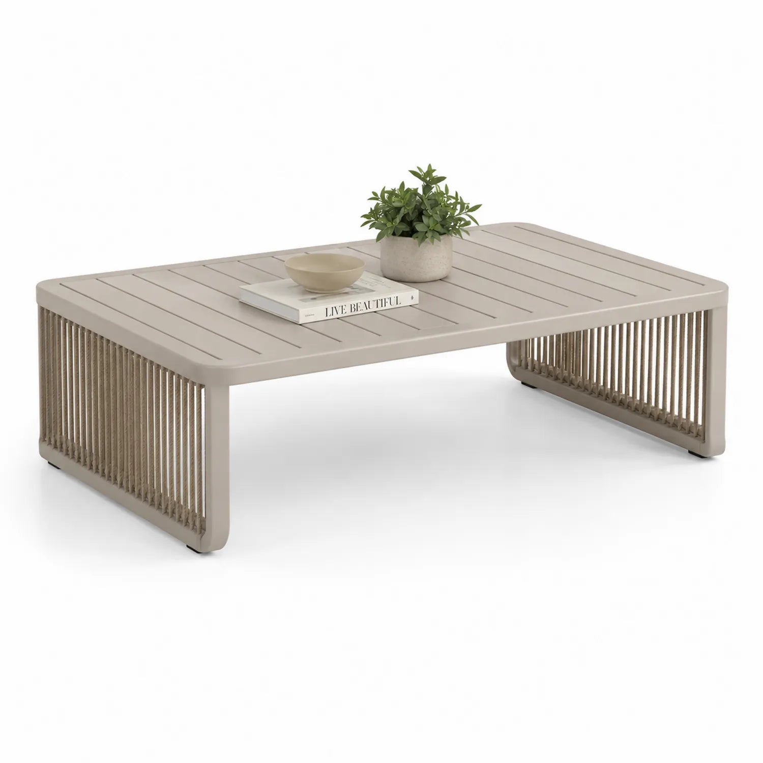 Prostokątny stolik kawowy aluminiowy beżowy z linami 120x70x35 cm