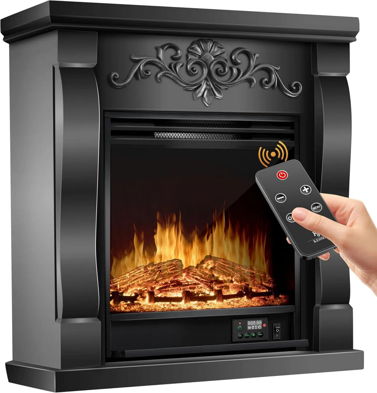 KESSER kominek elektryczny, Elektryczny grzejnik, 1800 W, efekt 3D, czarny, Elektryczny kominek z 3D LED efekt płomienia, ® Elektryczny kominek