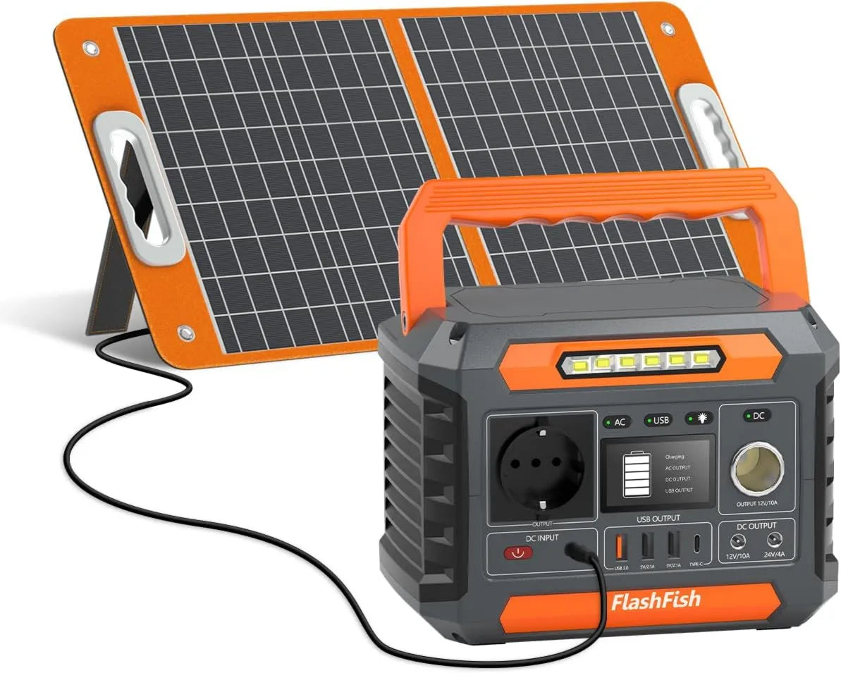 Generator prądu, 230 Wh, 300 W, 600 W, oświetlenie LED, FlashFish przenośna stacja zasilająca 230 Wh z panelem słonecznym 60 W, z 2 przyłączami DC