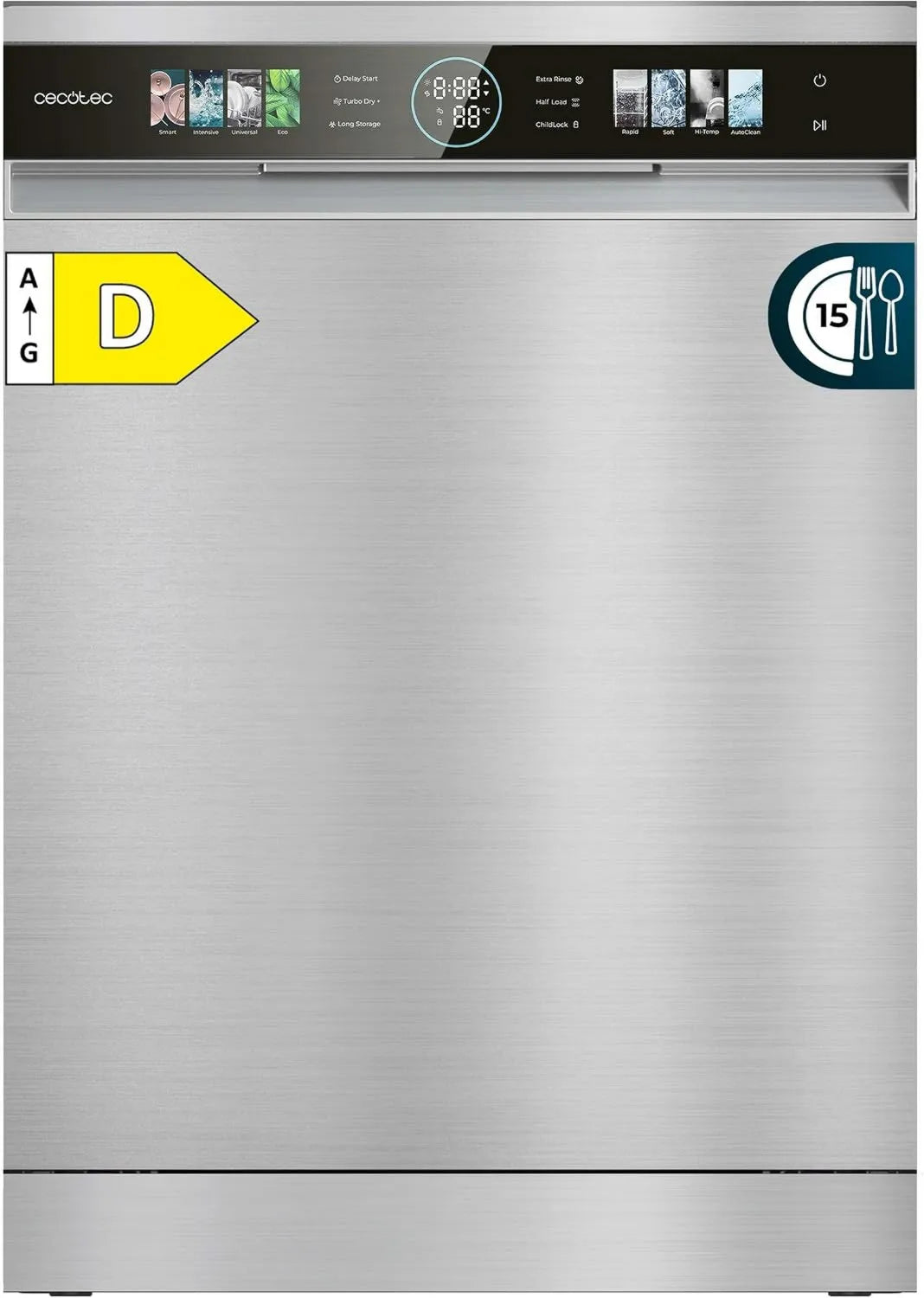 Cecotec zmywarka kompaktowa, Bolero Aguazero 6320 Zmywarka, 60 cm, 1900 W, 8 programów, stal nierdzewna, 15 sztućce, FullColor XXL Ekran, Smart Wash