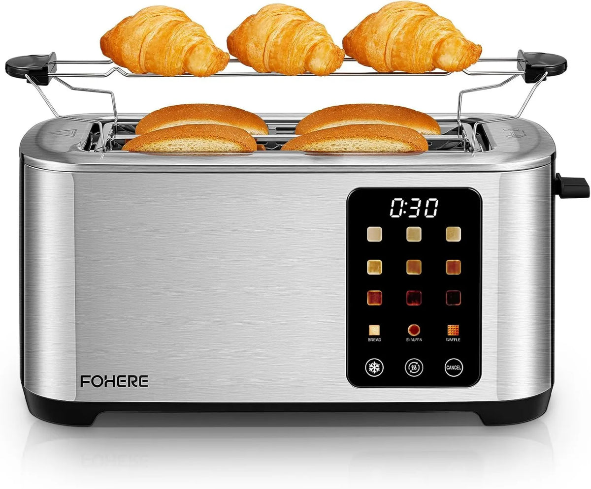 FOHERE, Elektryczna grzejnik, dotyk, grill, wyjmowany, rozmrażanie, stal nierdzewna, 4 plasterki siatki Chleb, Długi Toster Slot z ekranem dotykowym