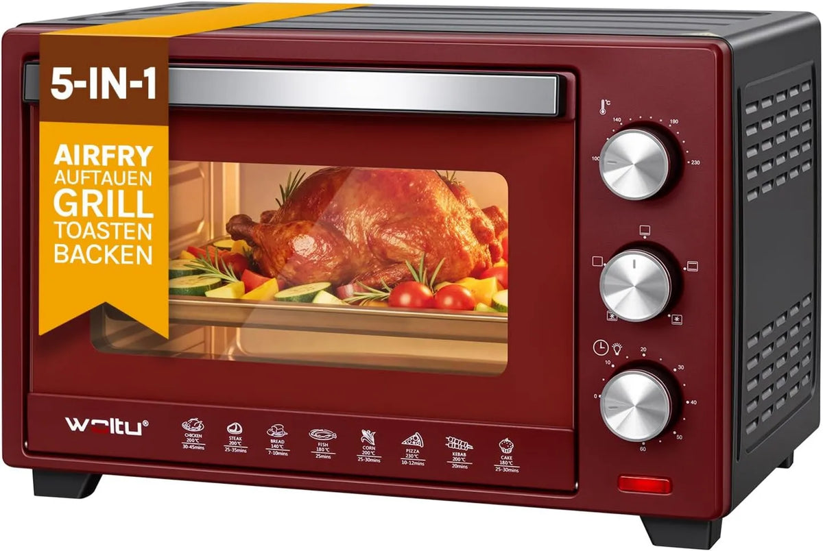 WOLTU mini piekarnik, Piec elektryczny, 28 l, 1600 W, 100 do 230°C, licznik, grill, kompaktowy, rozmrażanie, czarny, licznik 0-60 min, 3 tryby kuchenne, siatka, Mini