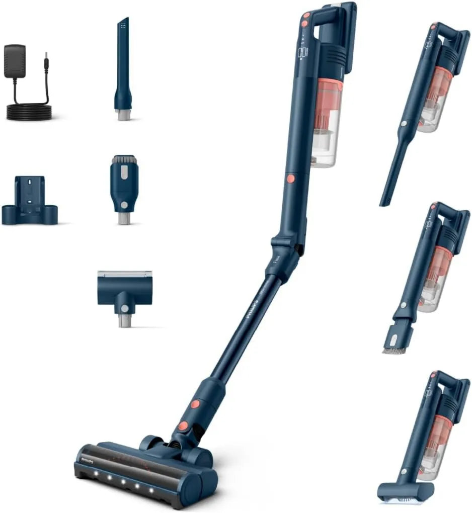 PHILIPS odkurzacz pionowy, 60min PowerCyclon10 Odkurzacz, płyta IPS, szczotka do zwierząt i diody LED, rurka Flex, 195 m² PowerCyclone10 XC5243/10