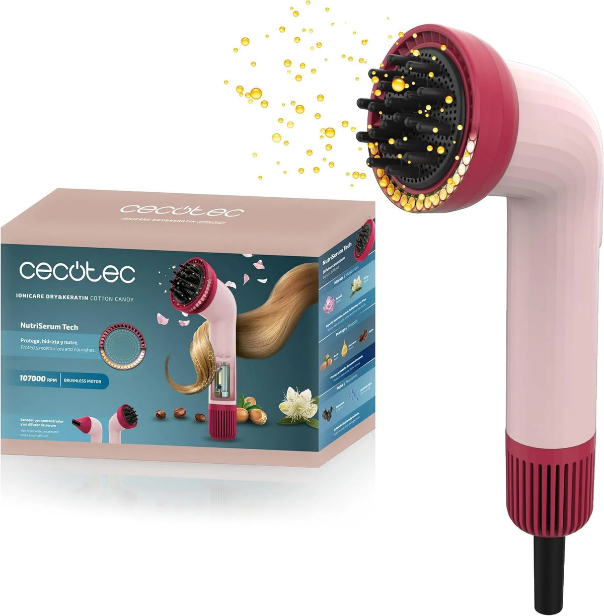 Cecotec suszarka do włosów, 107000 obr./min Silnik, 1200 W, Kompaktowa IoniCare Suchy & Keratyna Bawełna Candy