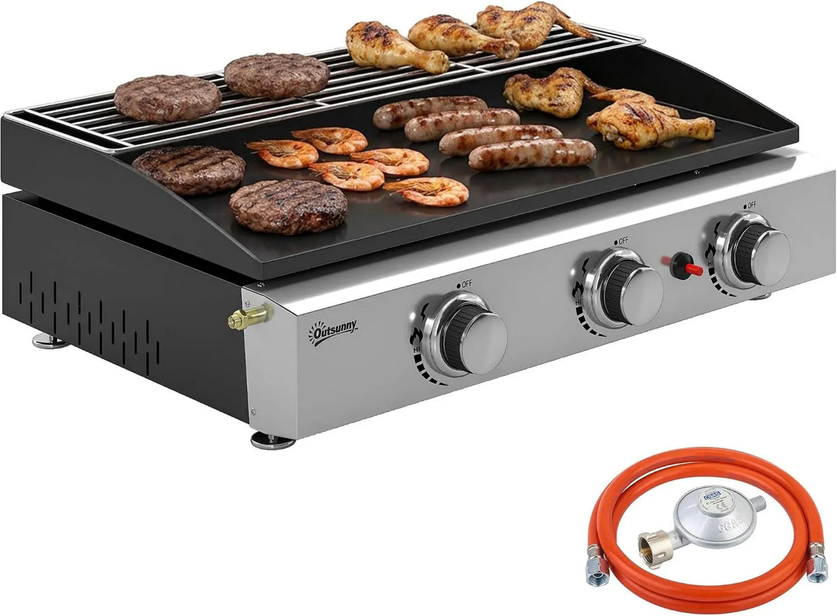 Outsunny grill gazowy, 7,5 kW, stal nierdzewna, funkcja grilla, Grill gazowy 7,5 kW przenośny grill stołowy z 3 palnikami, rusztem do podgrzewania