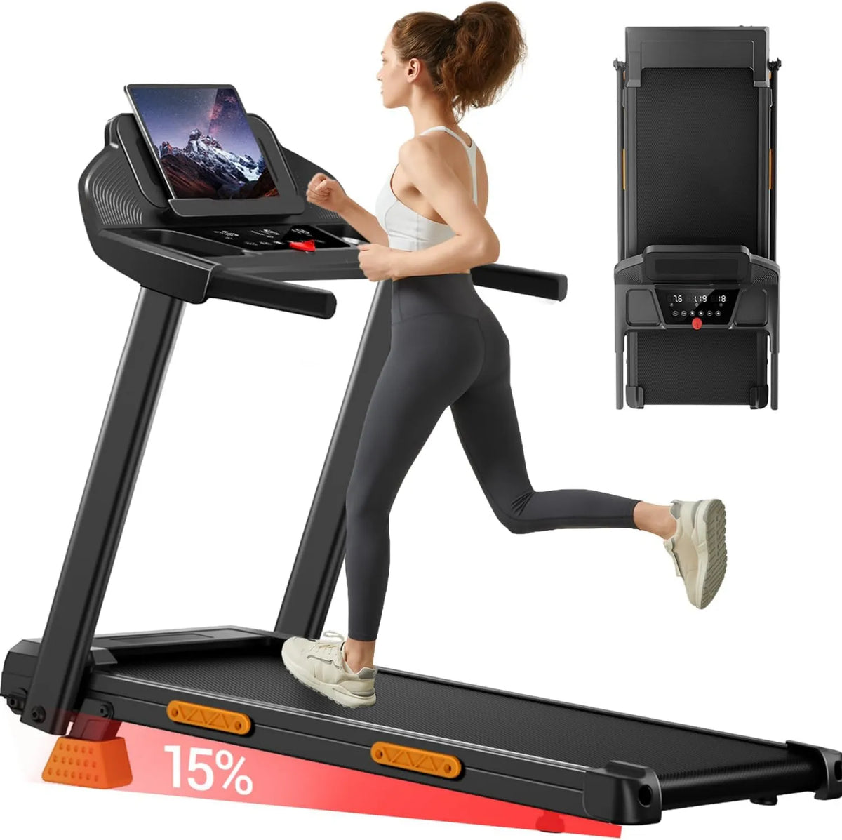 HP, 136 kg, 45 dB, 20 kg, LONTEK Bieżnia domowa z nachyleniem 15%, składana bieżnia z silnikiem 3.0 i wyświetlaczem LED, maksymalne obciążenie 136 kg.
