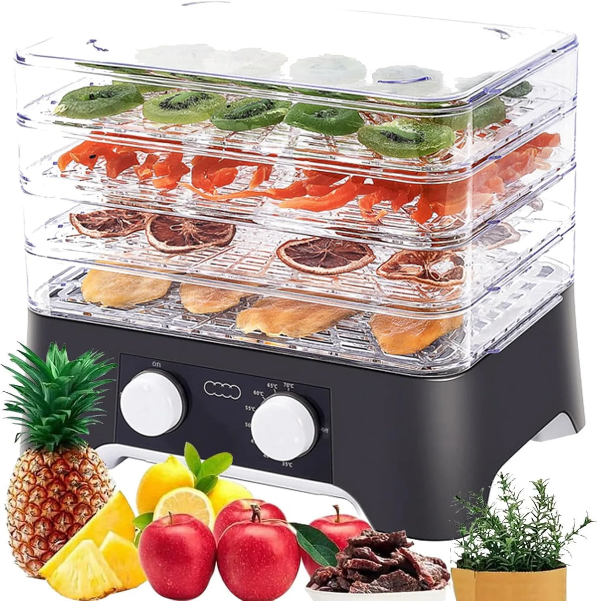 Zmywarka, 235 W, 1,7 kg, 22 cm, regulacja ustawień, Dehydrator Żywności Do Suszonego Wołowiny, 4 Tac 35-70 °C Regulowana Temperatura Dla Ziół