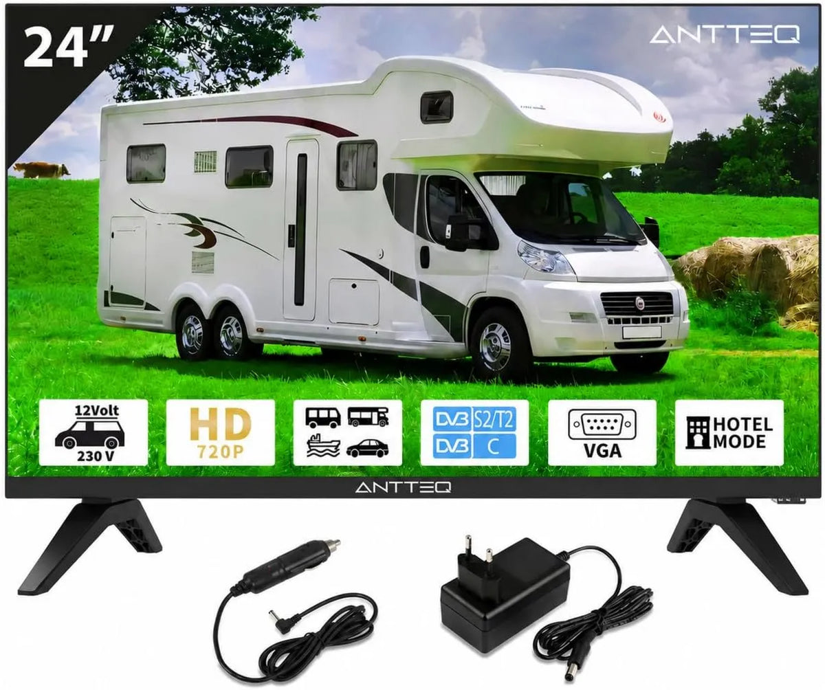 Antteq, Inteligentny telewizor, 24 cali, TV, AE24H5C- Q1, potrójny tuner DVB- T2, S2, kemping, HD z 12 V ładowarki, Audio Dolby, 60 cm, Tryb hotelowy AE24H5C-Q1 DVB-T2