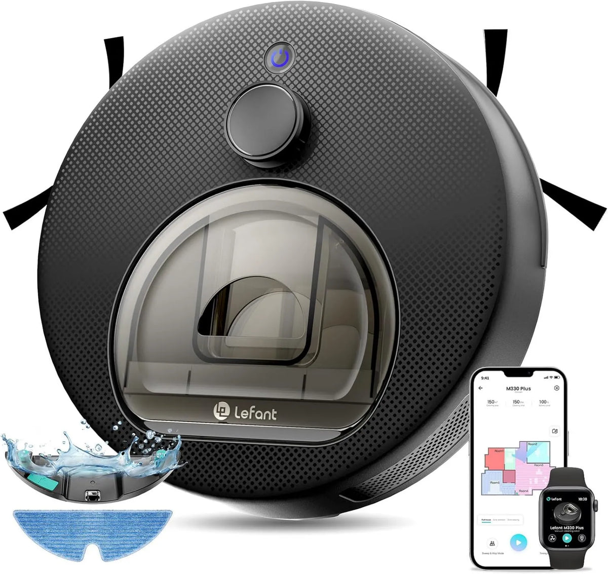 Lefant robot sprzątający, M330 3in1 Robot odkurzacz, 3 poziomów aspiracji 3en1, czarny, APP / Alexa, 5000Pa, 160Min, Freemove System 3