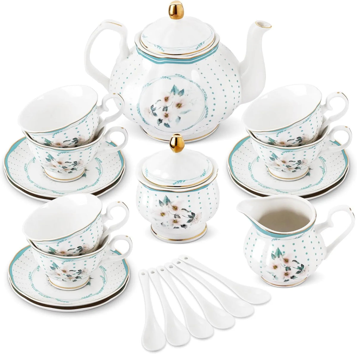 fanquare, Serwis w kawiarni Vintage Camelia biały w Pois, 21 Kawałki Królewski styl Porcelana Tea Service wyposażony w Golden Edge, 6 filiżanek herbaty i