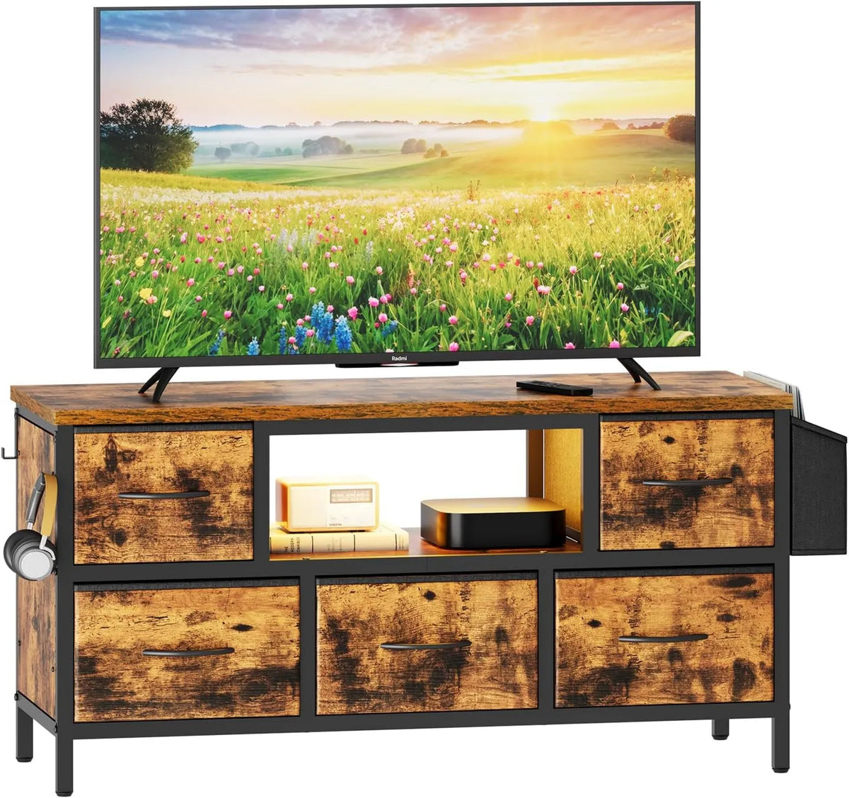 Dripex, Szafka TV Niska do telewizora do 43 'z 5 szufladami, 43 cali, 100 x 35 x 50 cm, oświetlenie LED, przemysłowe